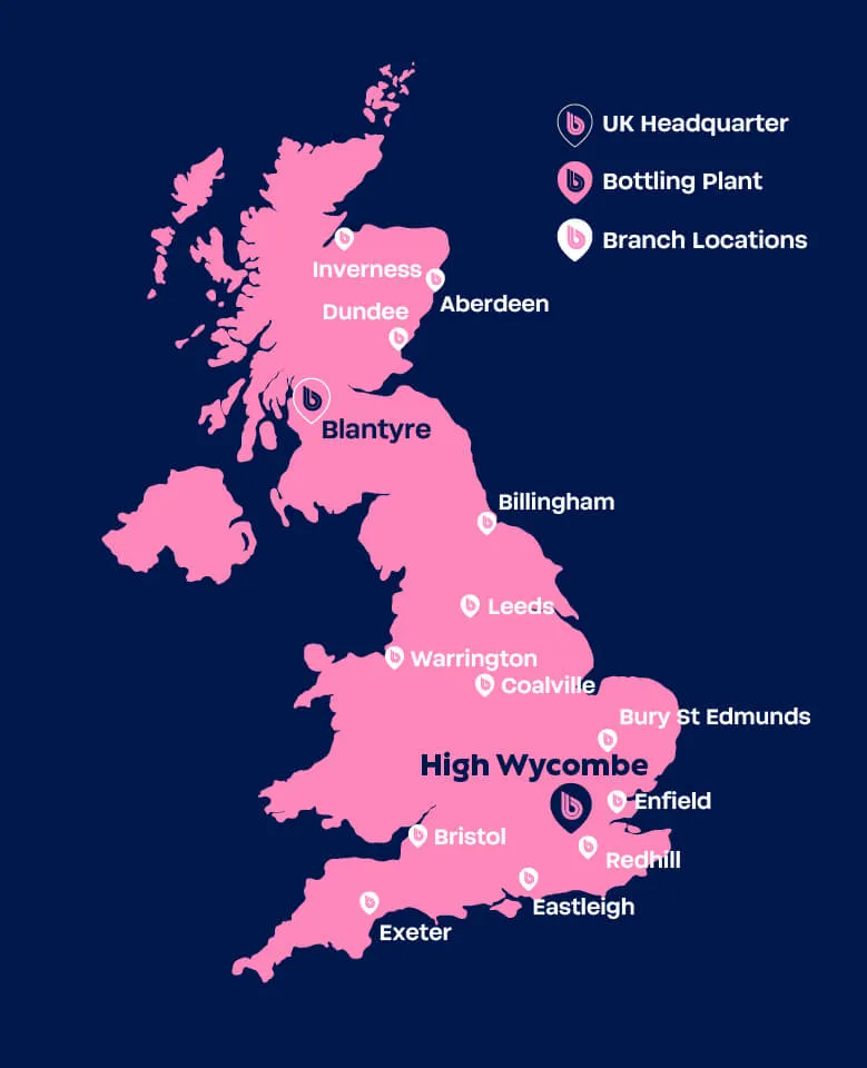 Map of BWT UK Limited depot locations and British water sources. Showing an independent UK network with headquarters in Blantyre and bottling plants in Renfrewshire and Hertfordshire.